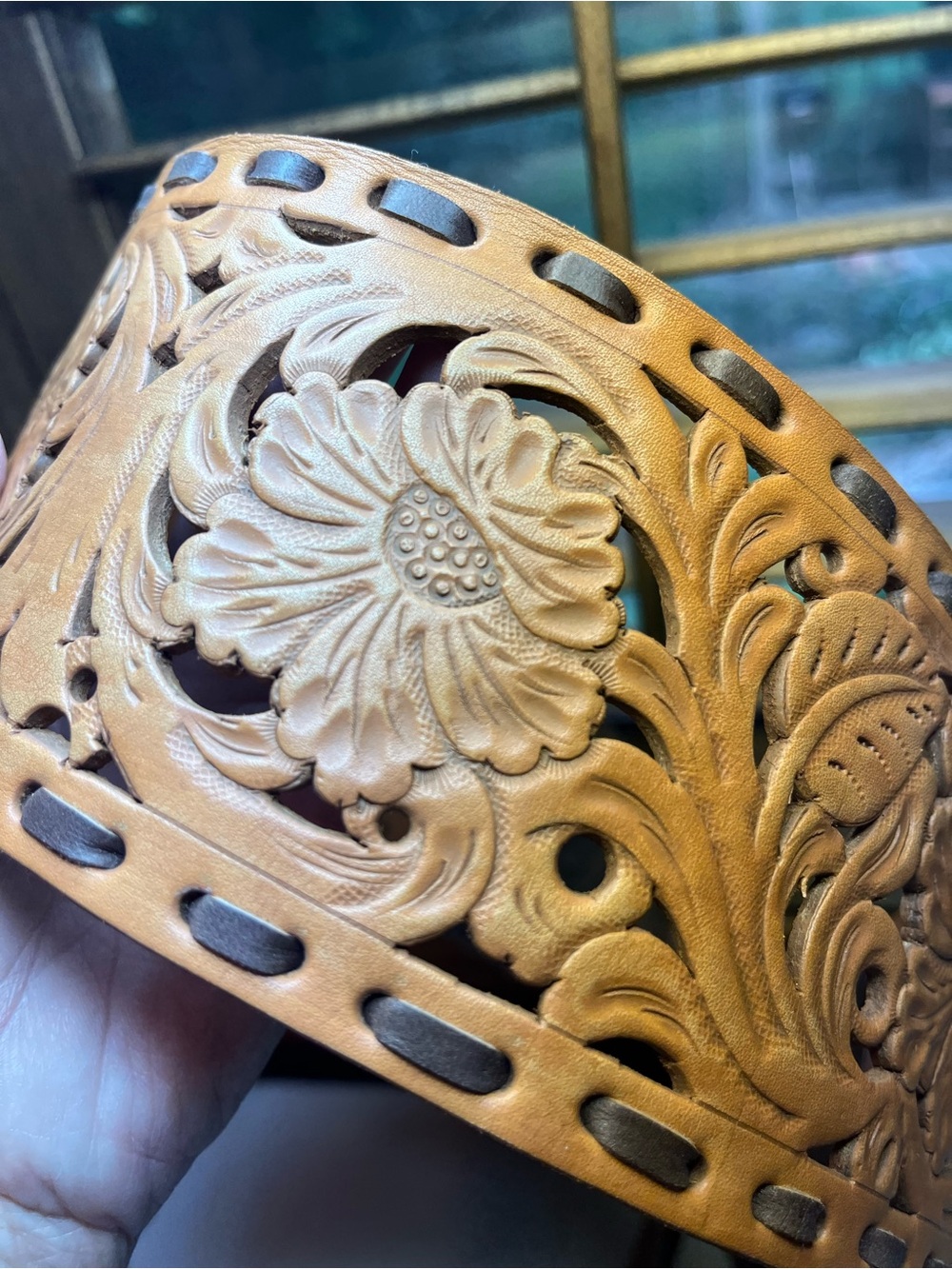 Leather Floral Tooled Cuff Bracelet - Tan